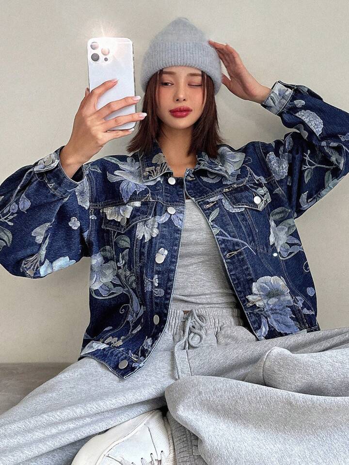 CM-CS547400 Women Casual Seoul Style Medium Wash Floral Printed Single Breasted Long Sleeve Denim Jacket