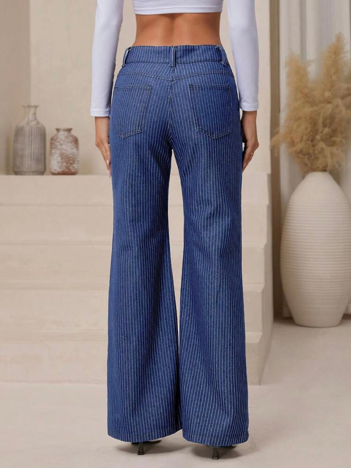 CM-BS003193 Women Casual Seoul Style Dark Wash Striped Pocket Flared Leg Jeans