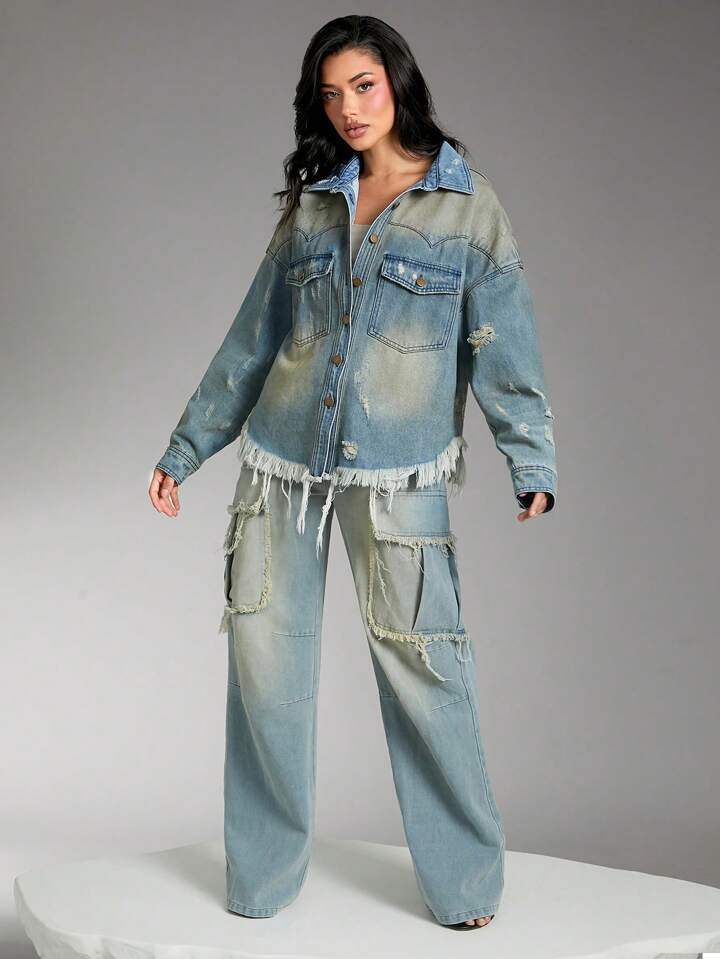 CM-CS982285 Women Casual Seoul Style Medium Wash Collar Neckline Long Sleeve Tinted Ripped Denim Jacket