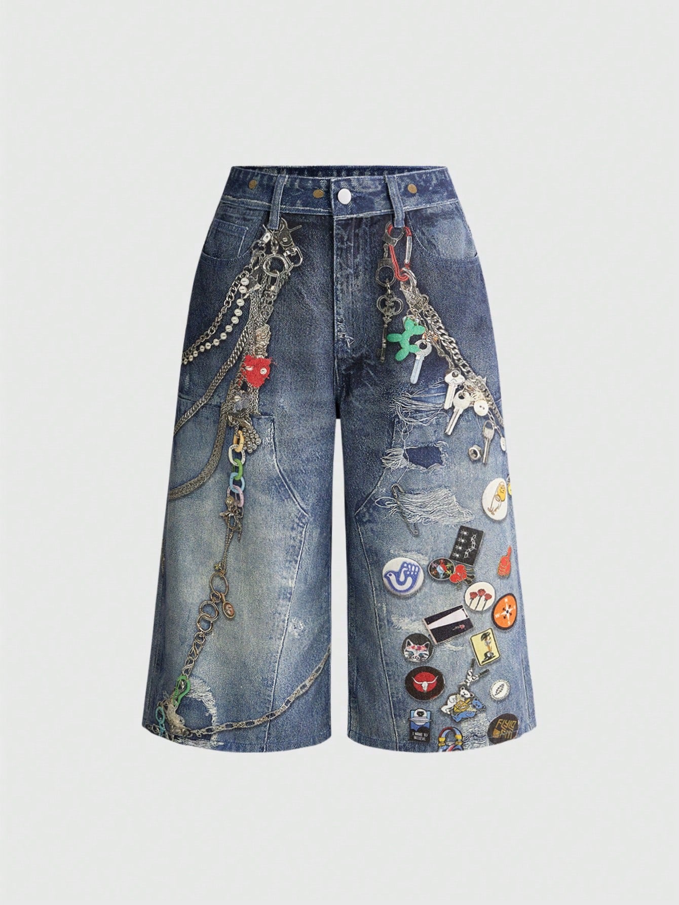 CM-BS535636 Women Casual Seoul Style Distressed Washed Chain Badge Print Wide Leg Jeans - Blue
