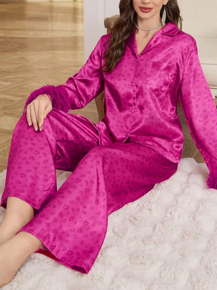 CM-LS405337 Women Trendy Seoul Style Leopard Print Faux Fur Decor Satin Pajama Set - Hot Pink