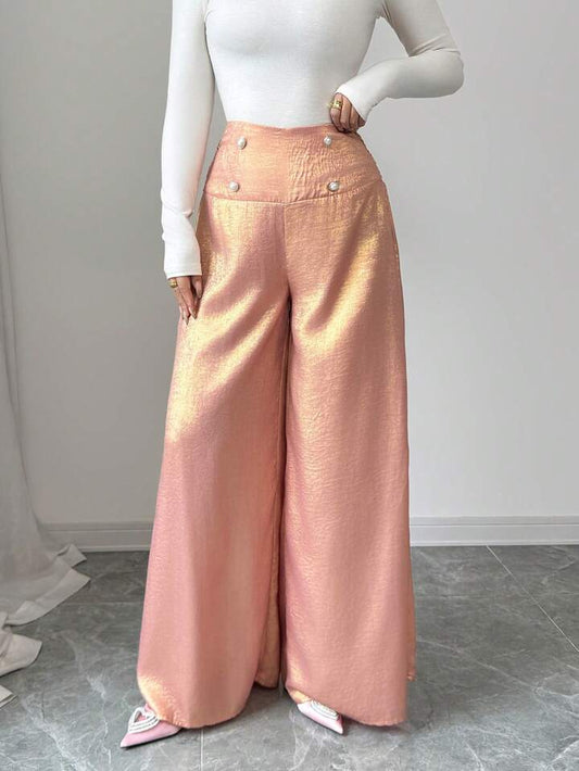 CM-BS665645 Women Elegant Seoul Style Ruffle Waist Loose Wide Leg Pants - Pink