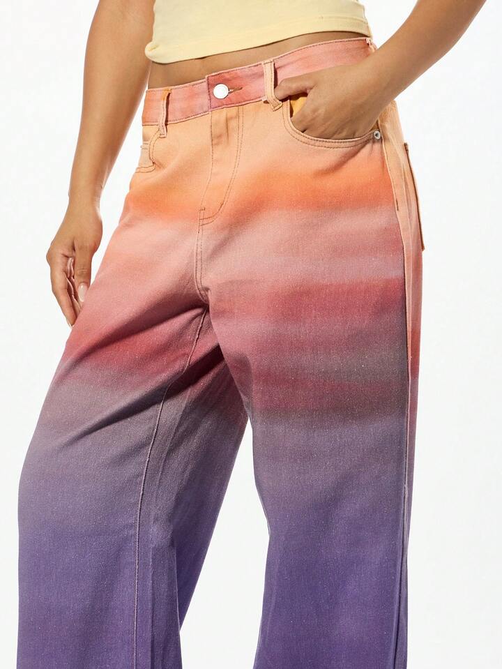 CM-BS097026 Women Casual Seoul Style Ombre Gradient High Waisted Wide Leg Denim Jeans
