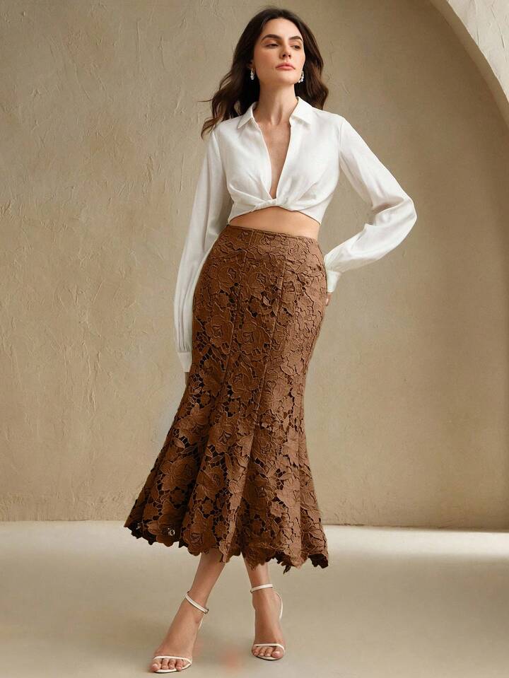 CM-BS325808 Women Elegant Seoul Style Mid Waist Patchwork Design Lace Hollow-Out Midi Skirt - Coffee Brown