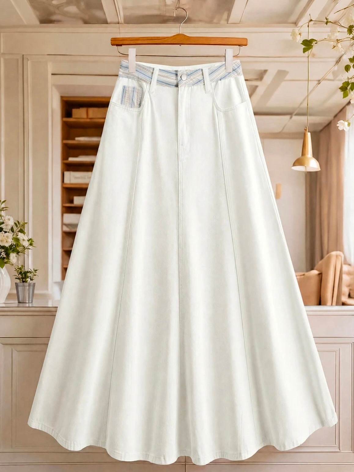 CM-BS509073 Women Casual Seoul Style Mid Waist Striped Patchwork Denim Long Skirt - White