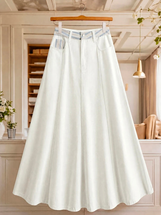 CM-BS509073 Women Casual Seoul Style Mid Waist Striped Patchwork Denim Long Skirt - White