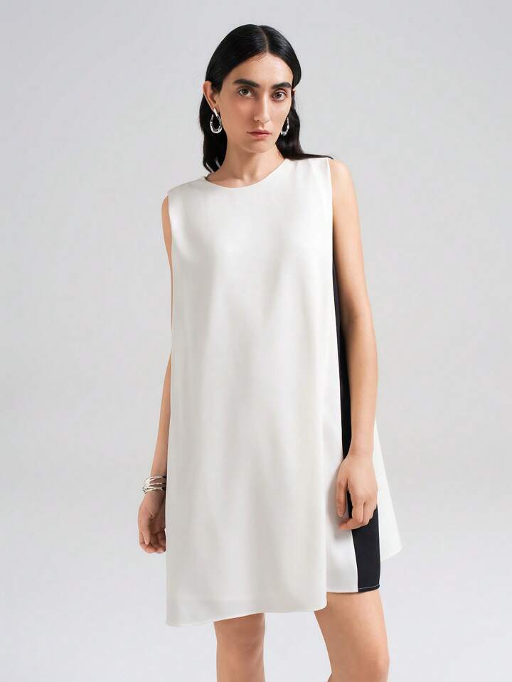 CM-DS223977 Women Elegant Seoul Style Round Neck Sleeveless Color Block Patchwork Mini Dress