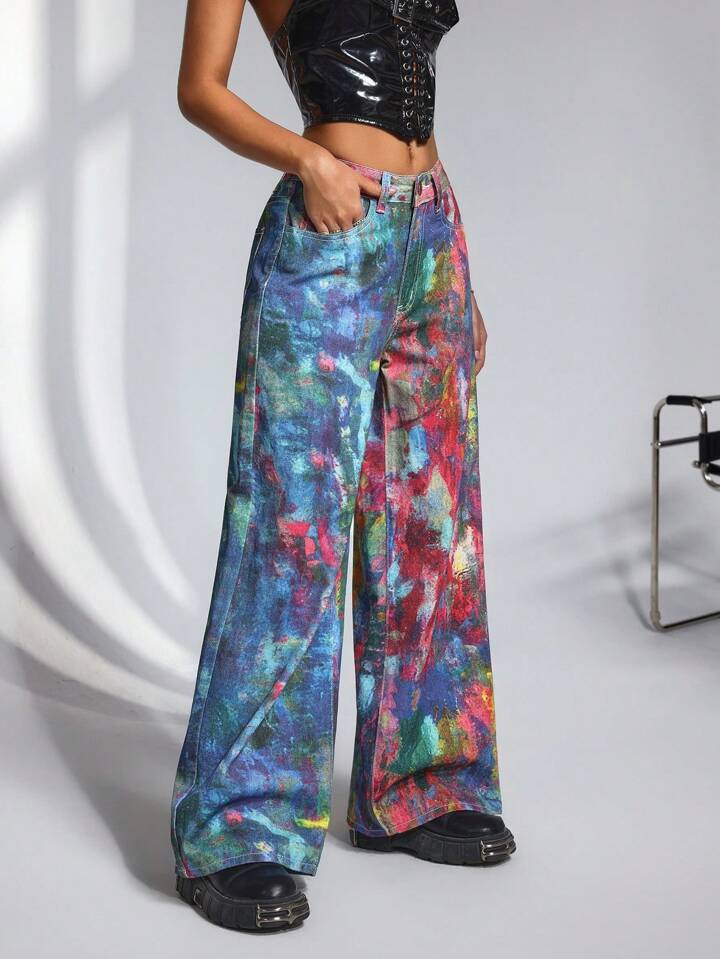CM-BS865959 Women Casual Seoul Style Mid Waist Tie-Dye Print Extra Long Wide-Leg Jeans