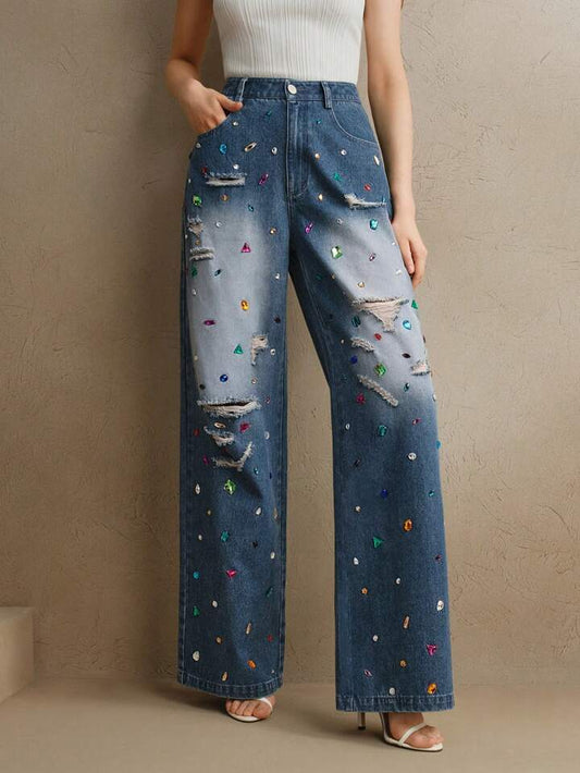 CM-BS244960 Women Elegant Seoul Style Dark Wash Distressed Colored Rhinestone Embellished Jeans