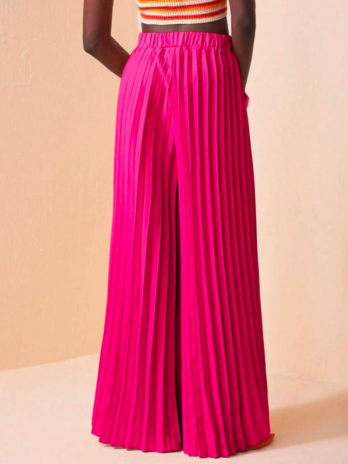 CM-BS843736 Women Trendy Bohemian Style Elastic Waist Pleated Large Hem Extra Long Wide Leg Pants - Hot Pink