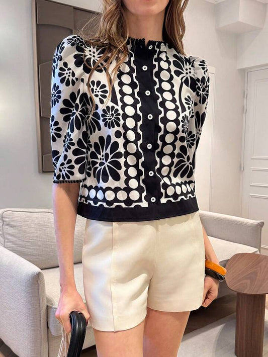 CM-TS270075 Women Casual Seoul Style Floral Print Lace-Hem Round Neck Puff Sleeve Shirt