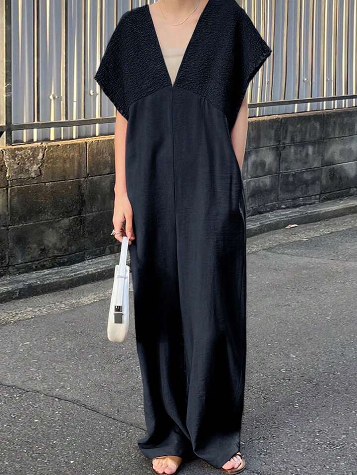 CM-JS657887 Women Trendy Bohemian Style V-Neck With Drawstring Jumpsuit Trousers - Navy Blue