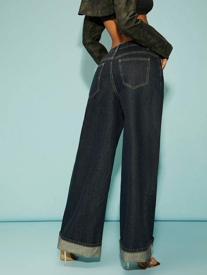 CM-BS841161 Women Elegant Seoul Style Dark Wash Front Button Pocket Wide Leg Jeans