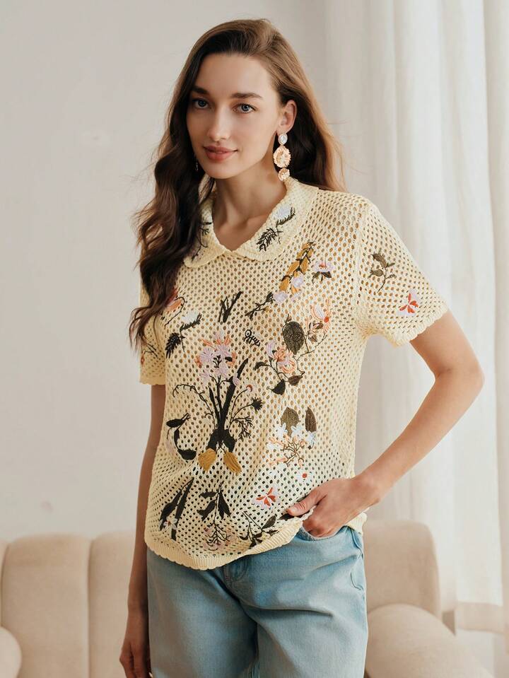 CM-TS343410 Women Casual Seoul Style Embroidered Hollow Out Collar Neckline Short Sleeve Knit Top
