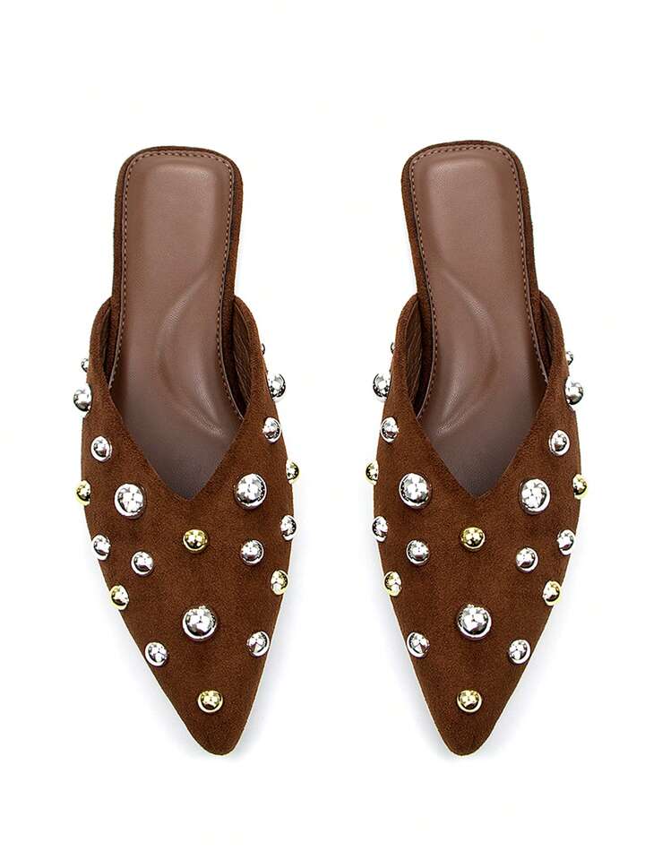 CM-SHS838252 Women Trendy Seoul Style Metal Stud Decor Faux Suede Pointed Toe Slip-On Flats - Brown