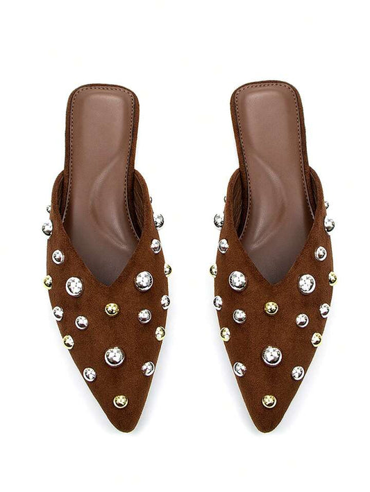 CM-SHS838252 Women Trendy Seoul Style Metal Stud Decor Faux Suede Pointed Toe Slip-On Flats - Brown