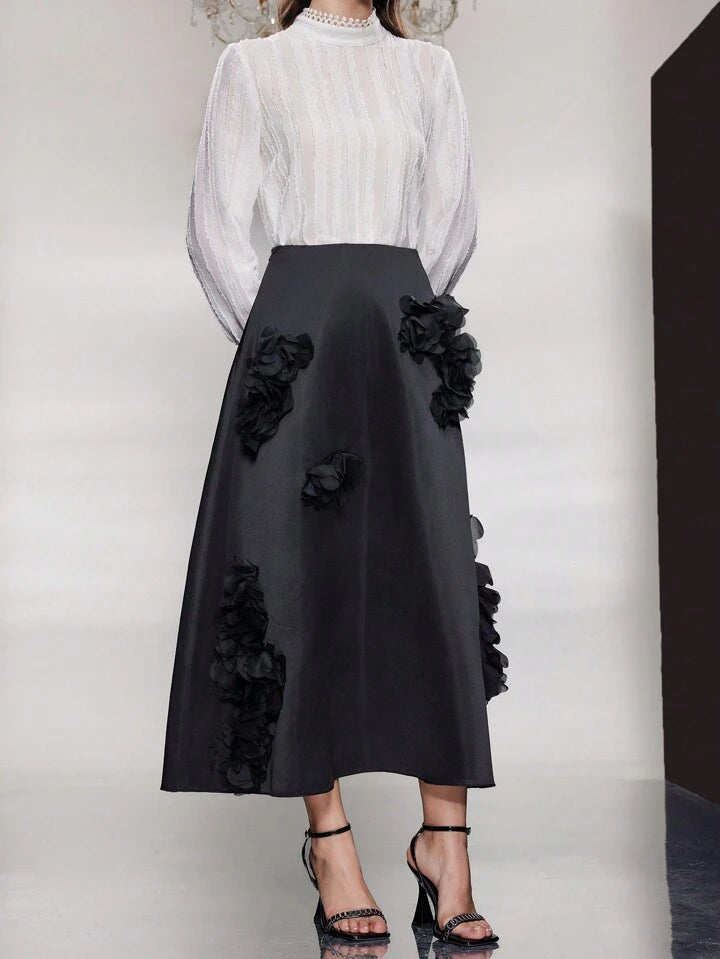 CM-BS777667 Women Elegant Seoul Style 3D Floral Decorated A-Line Skirt - Black