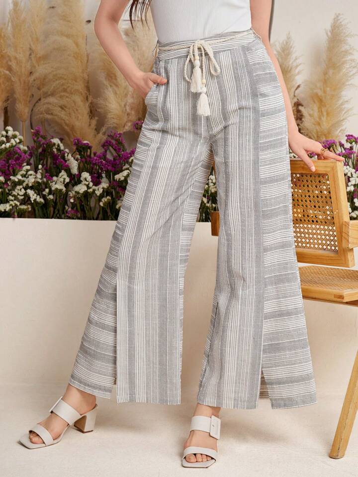 CM-BS030504 Women Trendy Bohemian Style Striped Pocketed High Waist Wide Leg Pants