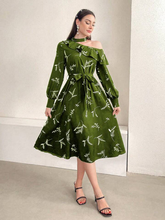 CM-DS887019 Women Casual Seoul Style Print Asymmetrical Collar Belted Pleated Long Sleeve Dress