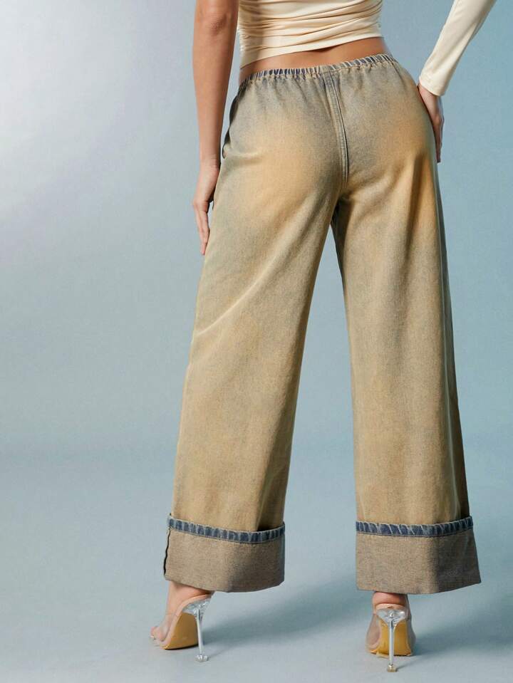 CM-BS521317 Women Casual Seoul Style Elastic Wasit Washed Distressed Wide Leg Jeans