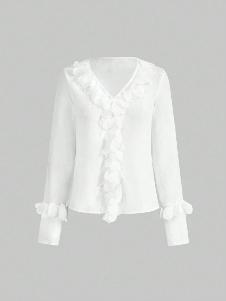 CM-TS476339 Women Elegant Seoul Style V-Neck Long Sleeve 3D Floral Decoration Shirt - White