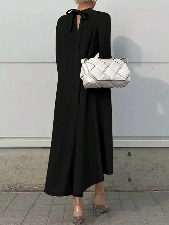 CM-DS942692 Women Elegant Seoul Style High Collar Long Sleeve Mid-Length Dress - Black
