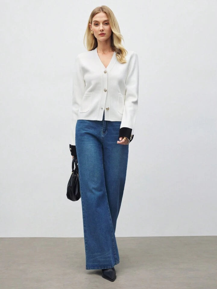 CM-CS477946 Women Casual Seoul Style V-Neck Long Sleeve Colorblock Knit Sweater - White