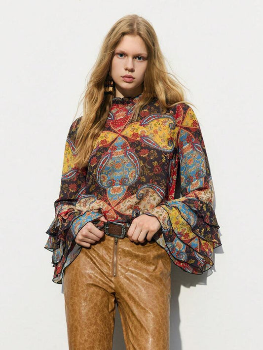 CM-TS979228 Women Trendy Bohemian Style Stand Collar Floral Print Bell Sleeve Layered Blouse