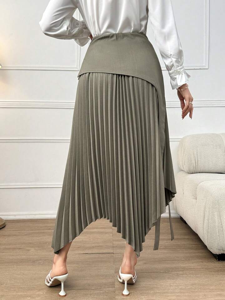 CM-BS055268 Women Elegant Seoul Style Solid Color Asymmetric Hem Pleated Skirt - Army Green