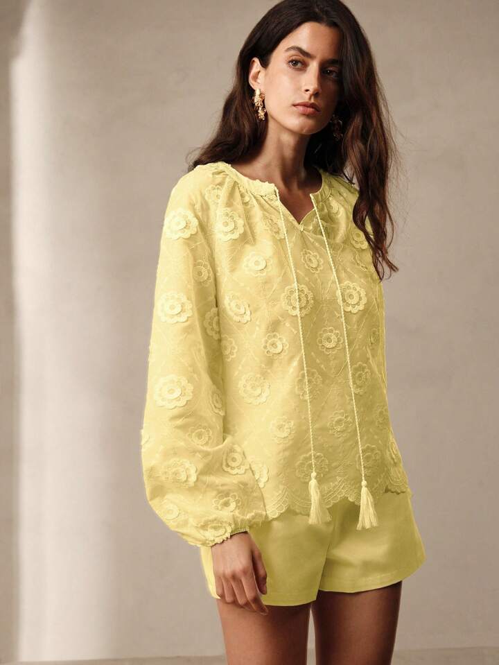 CM-TS767445 Women Trendy Bohemian Style V-Neck Tie Front Long Sleeve Floral Print Shirt - Yellow