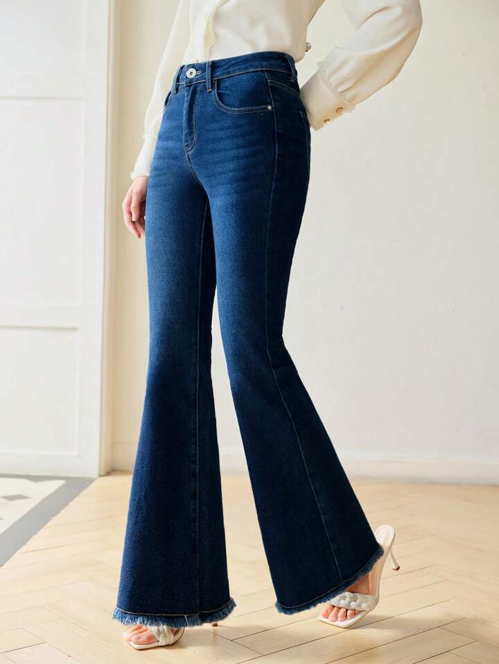 CM-BS661571 Women Elegant Seoul Style Raw Hem Extra Long Flare Leg Jeans - Blue