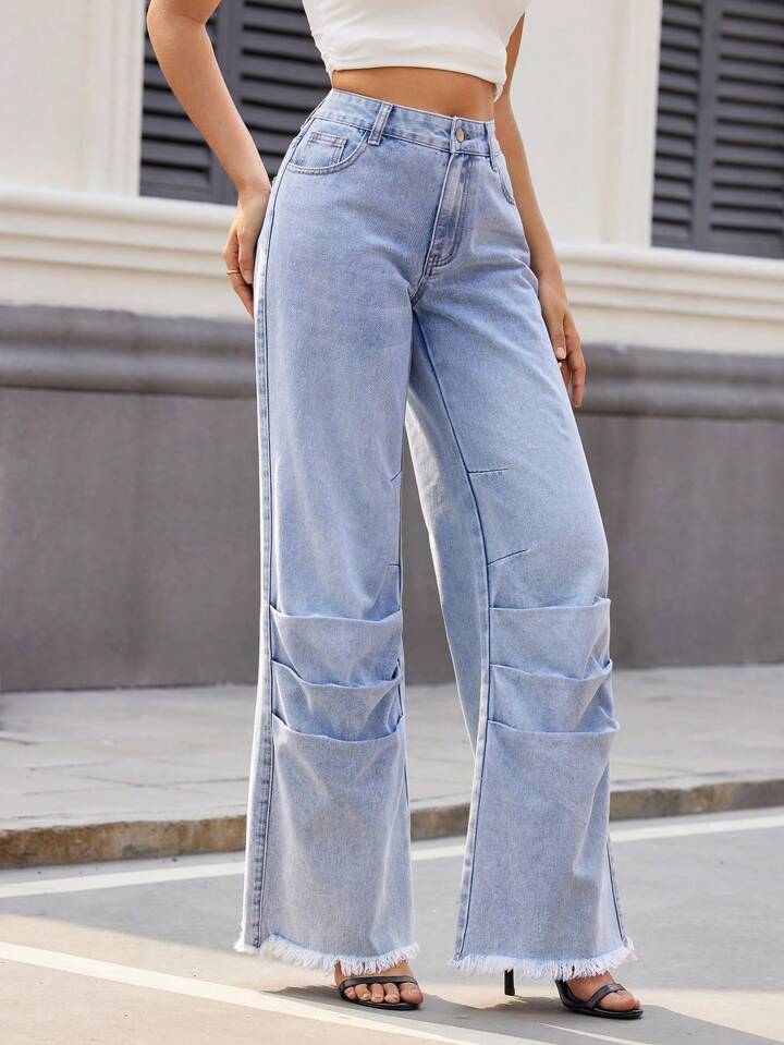 CM-BS577192 Women Casual Seoul Style Light Wash Pockets Pleated Patchwork Frayed Hem Jeans