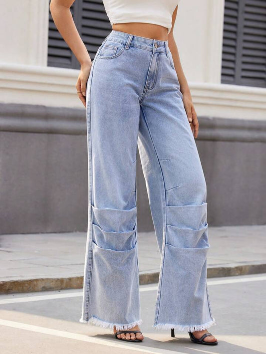 CM-BS577192 Women Casual Seoul Style Light Wash Pockets Pleated Patchwork Frayed Hem Jeans