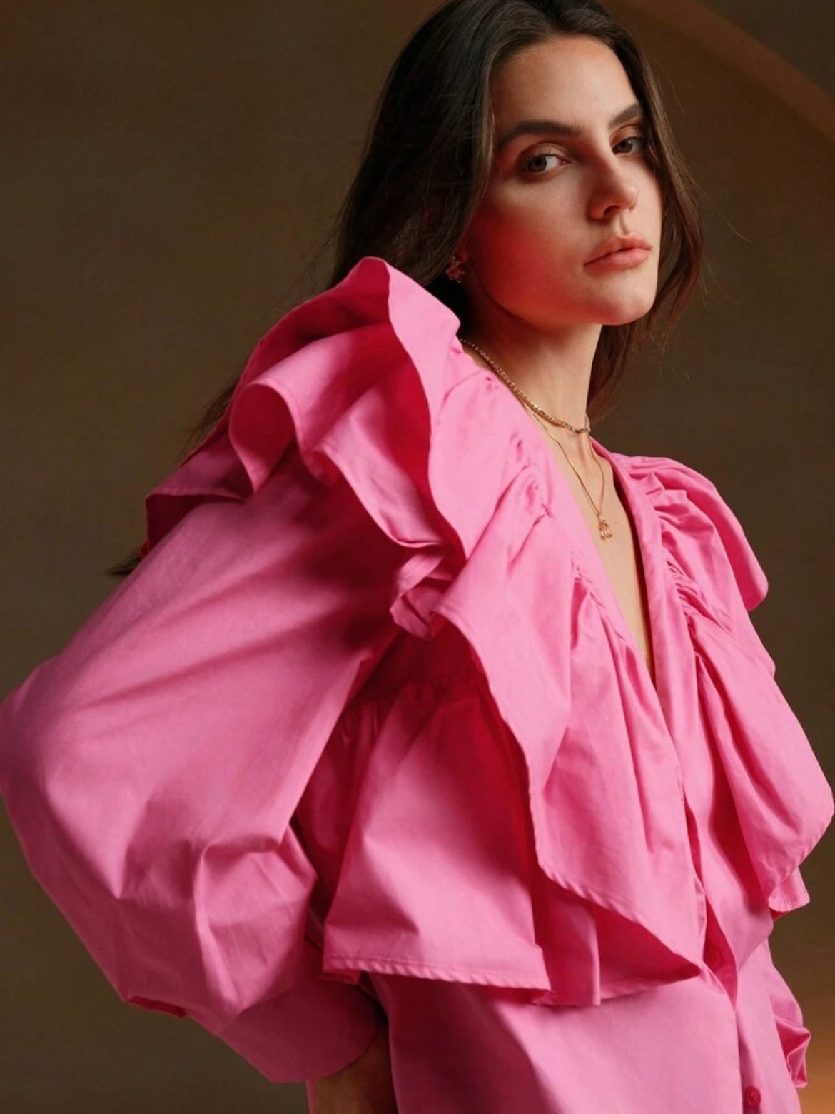 CM-TS799242 Women Elegant Seoul Style Exaggerated Ruffle V-Neck Long Sleeve Blouse - Pink