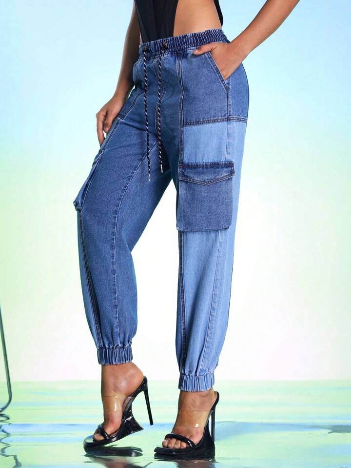 CM-BS242252 Women Casual Seoul Style Medium Wash Two-Tones Drawstring Waist Jeans