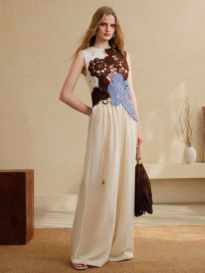 CM-TS511096 Women Trendy Bohemian Style Three-Color Floral Hand-Crossed Asymmetrical Hollow-Out Top