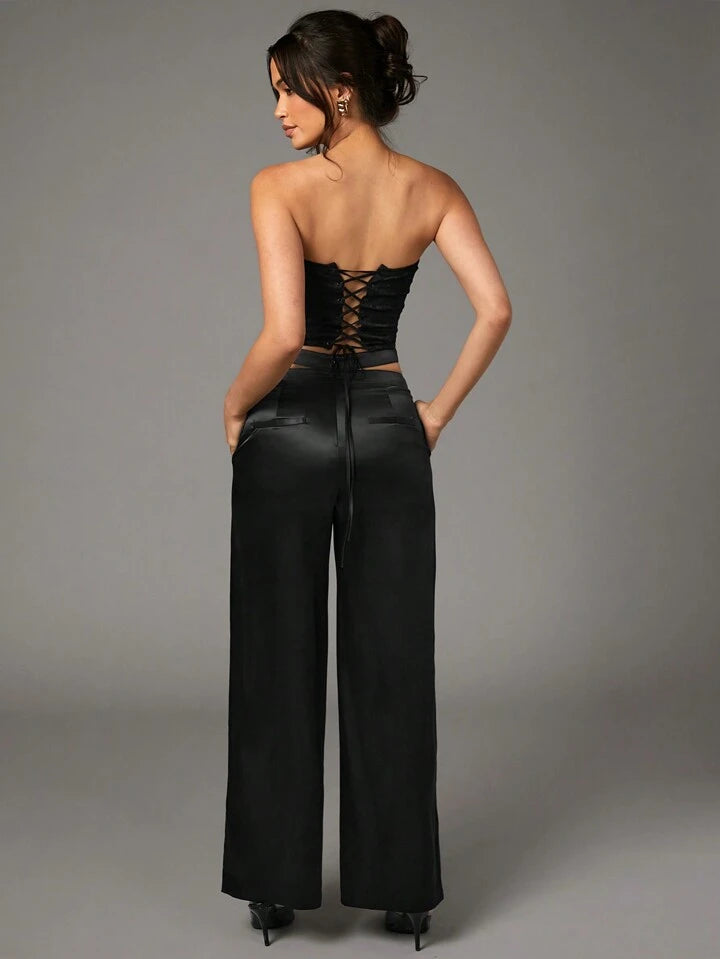 CM-BS999830 Women Elegant Seoul Style Satin Waist Hollow V-Waist Straight Leg Wide Leg Pants