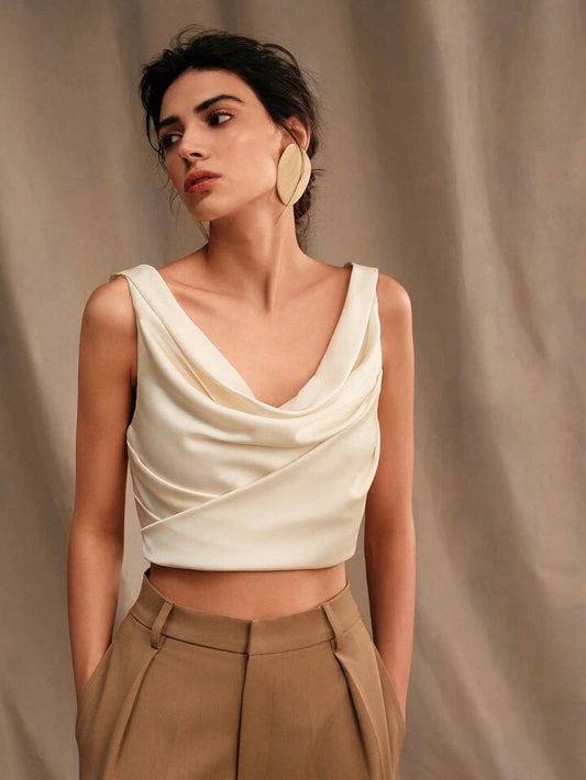 CM-TS599049 Women Casual Seoul Style Solid Color Drop Neck Sleeveless Shirt - Beige