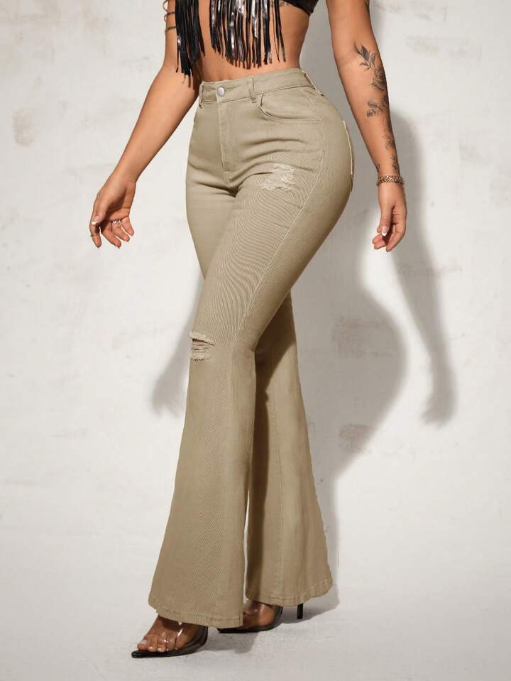 CM-BS938328 Women Casual Seoul Style Solid Color Frayed Hem Skinny Flared Jeans - Khaki