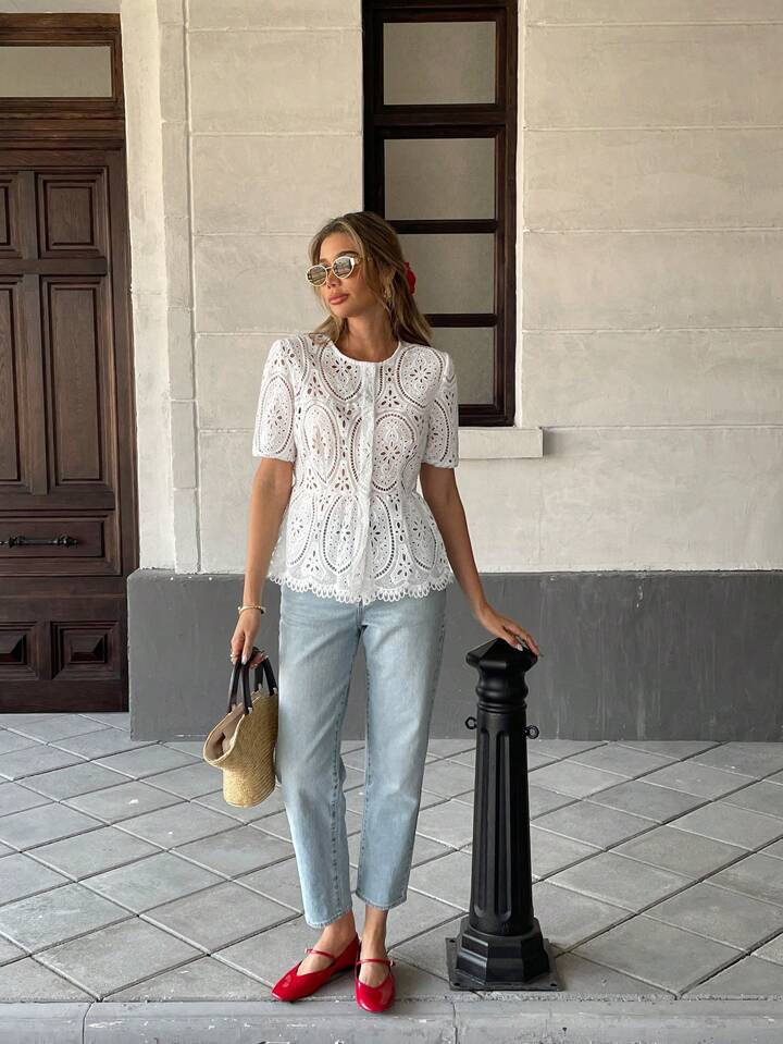 CM-TS522140 Women Casual Seoul Style Hollow Embroidered Floral Cropped Short Sleeve Top - White