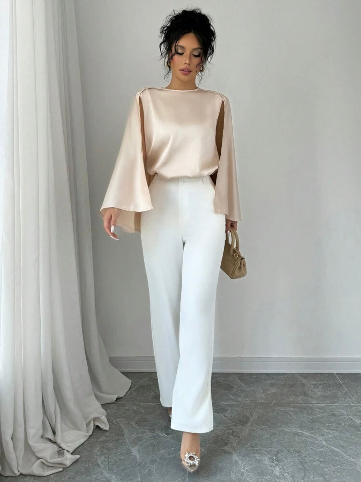 CM-TS517920 Women Casual Seoul Style Round Neck Elegant Cape Sleeve Long Sleeve Blouse - Apricot