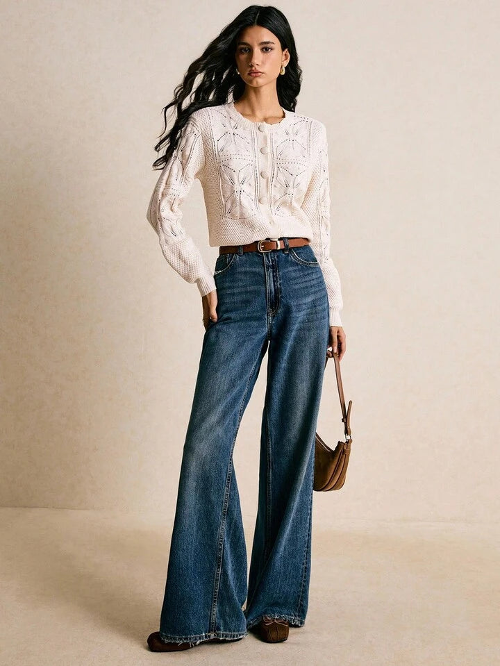 CM-CS434479 Women Casual Seoul Style Round Neck Long Sleeve Hollow Out Button Front Loose Knitted Cardigan