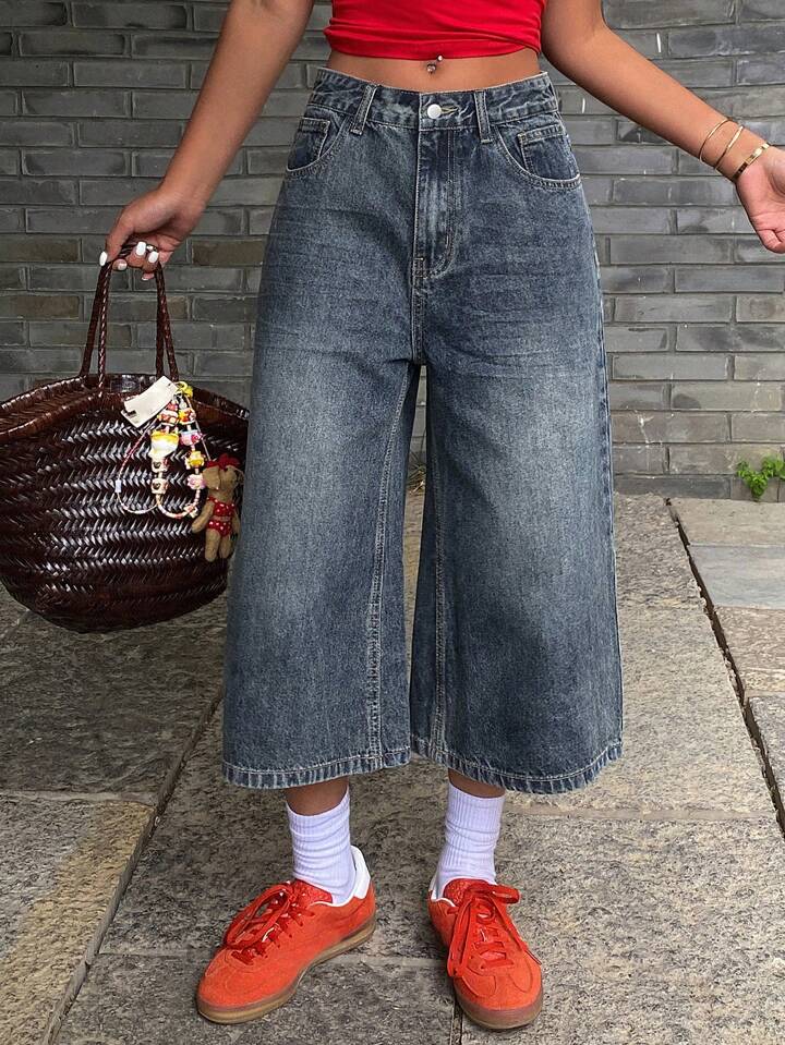 CM-BS665377 Women Casual Seoul Style Distressed Patch Pocket Wide Leg Jeans - Blue