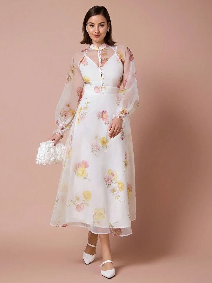 CM-DS711597 Women Elegant Seoul Style Collar Neckline Long Sleeve Floral Print Mesh Overlay Dress