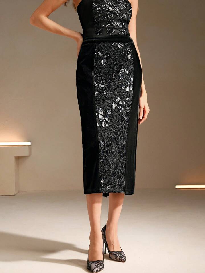 CM-BS320719 Women Elegant Seoul Style 3D Floral Mid-Length Maxi Velvet Skirt - Black