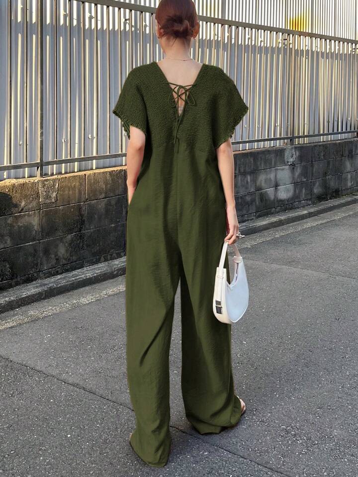 CM-JS652530 Women Trendy Bohemian Style V-Neck With Drawstring Jumpsuit Trousers - Green