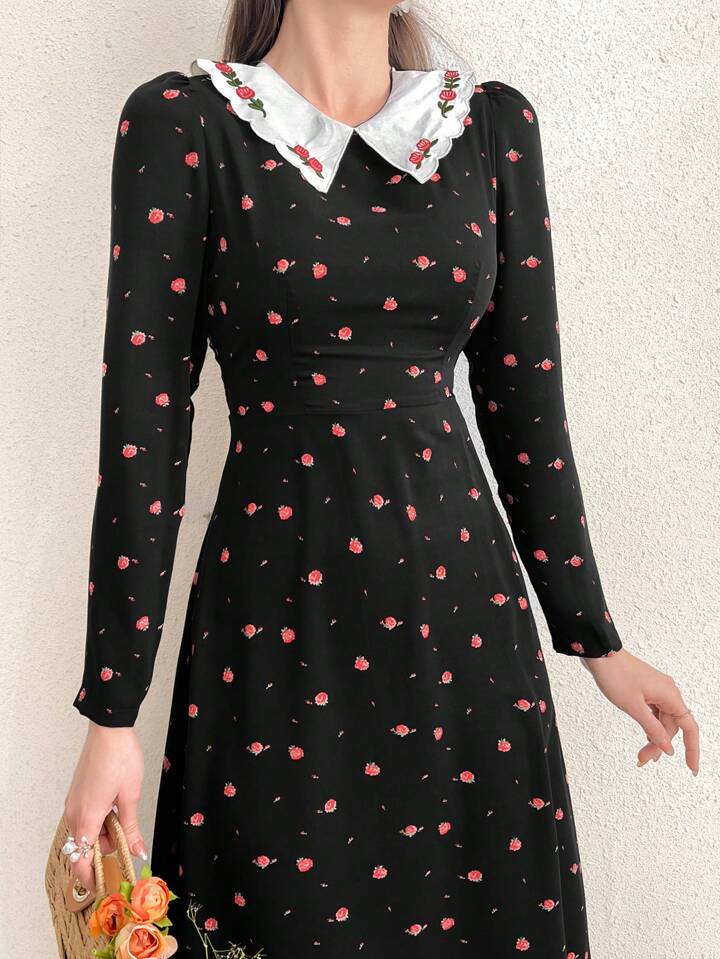 CM-DS722228 Women Casual Seoul Style Peter Pan Collar Long sleeve Floral Print Maxi Dress - Black