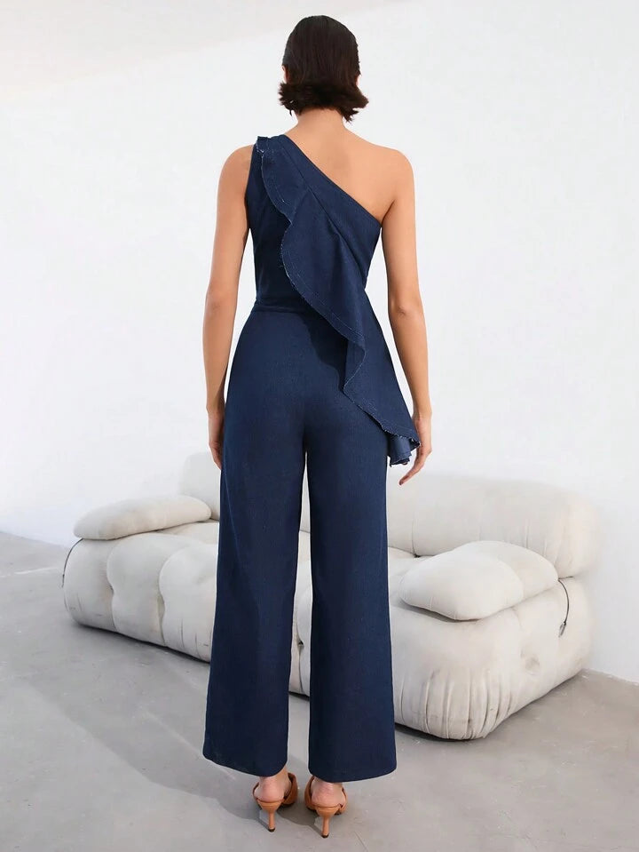 CM-JS438300 Women Elegant Seoul Style Ruffle Trim One Shoulder Sleeveless Jumpsuit