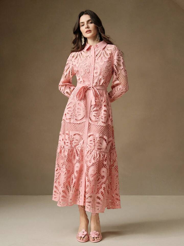 CM-DS992937 Women Elegant Seoul Style Solid Color Lace Embroidered Button-Up Empire Waist Dress