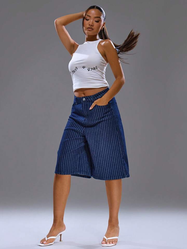 CM-BS726982 Women Casual Seoul Style Dark Wash Low Waist Longline Pinstripe Denim Jorts